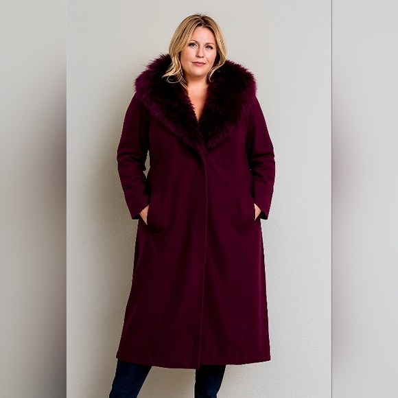 Jessica London Plum Coat 45% Wool Blend  Detachable Faux Fur Collar  NWT Size 16 - Picture 1 of 5
